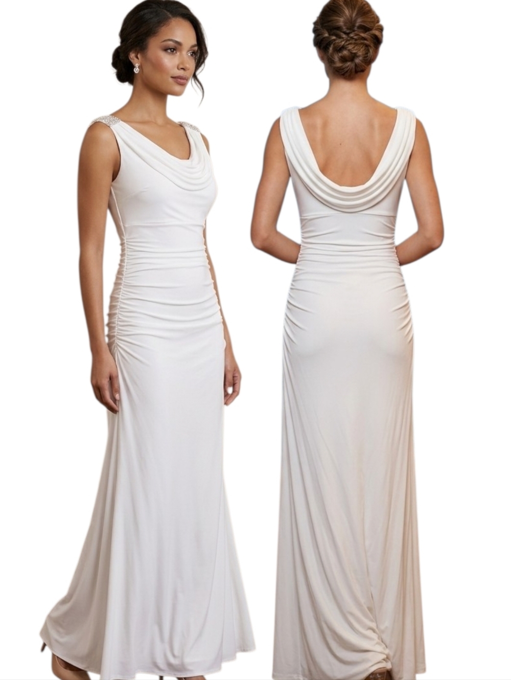 SIMPLY LILIANA Ivory Cowl Neck Ruched Formal Gown - Size 8